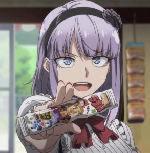 Anime girl with purple hair holding a candy bar on anime snacks website